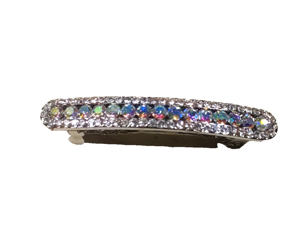 Hair barrette Tension Clip Rhinestone Pink Clear Silver Tone